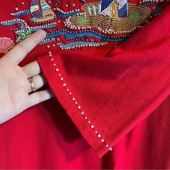 Quaker Factory Red Beaded Embroidered Lighthouse Nautical Themed Top Size Large - Picture 7 of 8